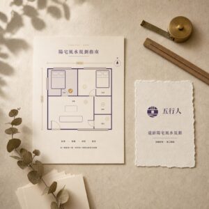 遠距陽宅風水規劃（加購房間）：宣紙上的全宅平面圖，已排好一間、其他房間待加排