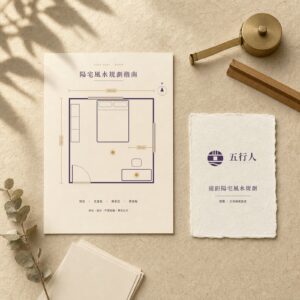 遠距陽宅風水規劃（首間）：宣紙上標有公分尺寸的房間平面圖與五行人紙卡